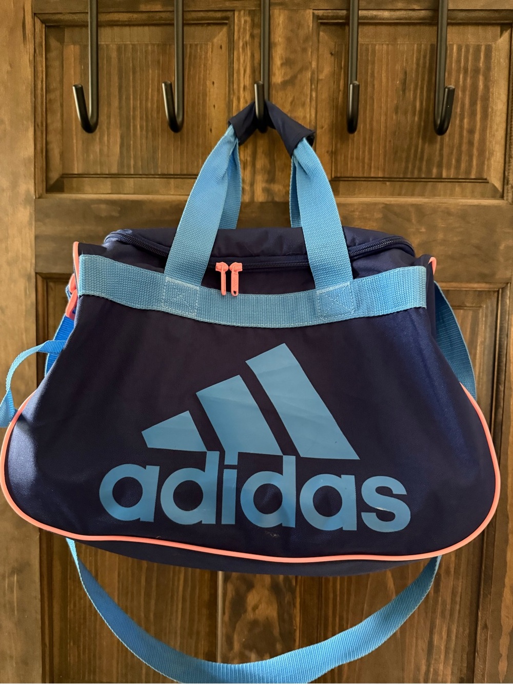 Adidas Navy Duffel Bag with Light Blue Logo and Pink Trim EUC